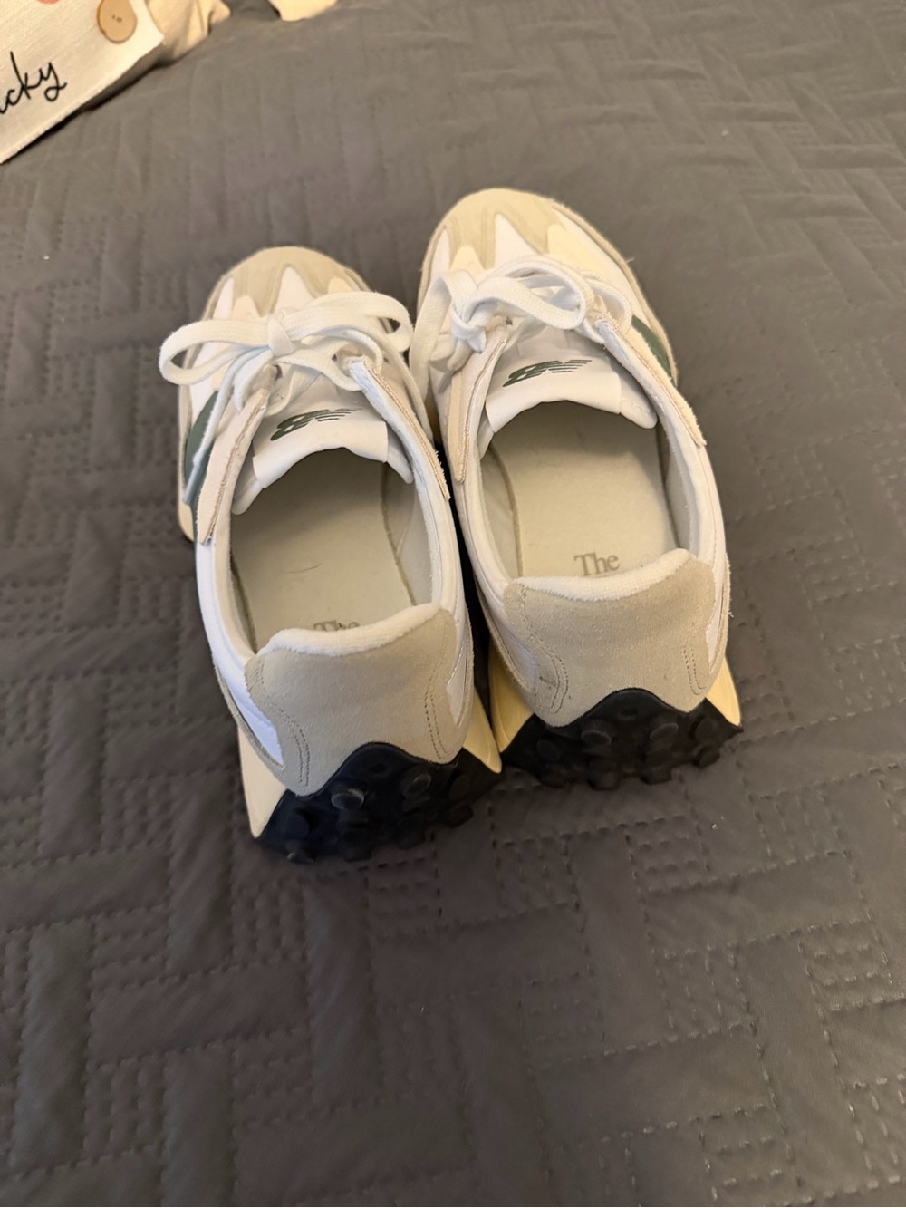 New Balance White, Beige & Green 327 Sneakers - Picture 4 of 6